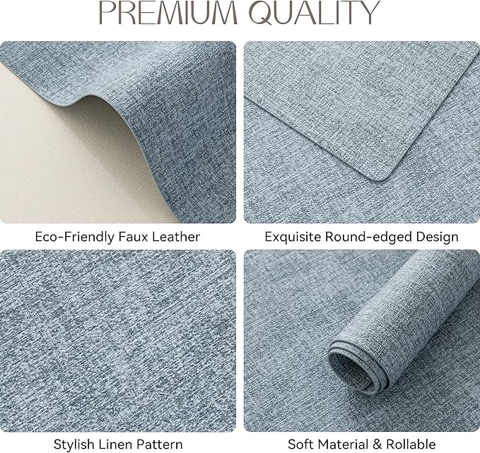 Romanstile Vinyl Placemats Set of 4-12 X 18 Inch - Heat Resistant Place Mats 100% Waterproof Oilproof Wipeable Reversible Faux Leather Table Mats for Kitchen/Dining/Party/Outdoor, Sky Blue