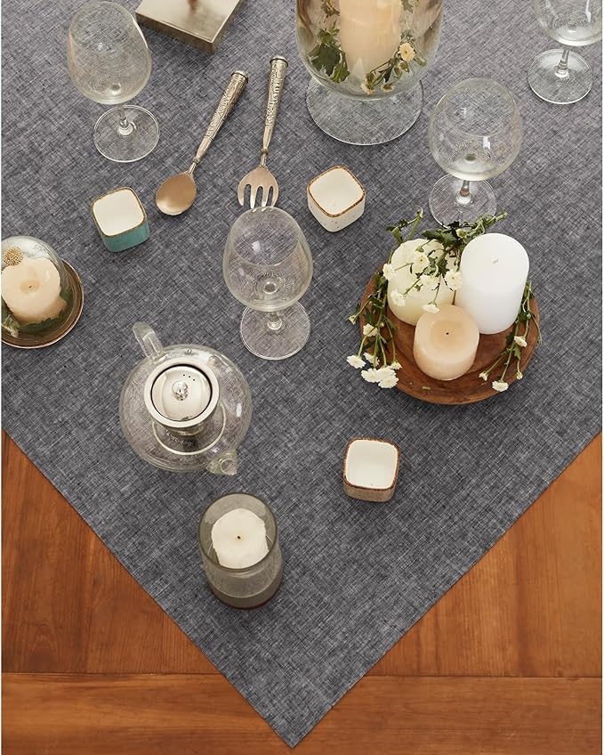 Solino Home Linen Cloth Tablecloth 52 x 52 Inch - 100% Pure Linen Chambray Black Square Tablecloth - Athena, Machine Washable Table Throw for Summer, Fall, Autumn, Halloween