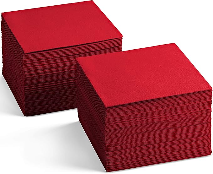 Disposable Linen-Feel Cocktail Napkins, 200-Pack 5" x 5" RED Paper Beverage Napkins For Bar, Restaurant And Café, Dessert Napkins For Party, Wedding Or Event