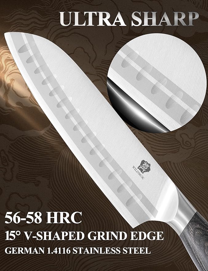 WILDMOK 7 Inch Santoku Knife, Japanese Chef Knife -Ultra Sharp Kitchen Chopping Knife, German Stainless Steel Chef Knife with Pakka Wood Handle, Gift Box