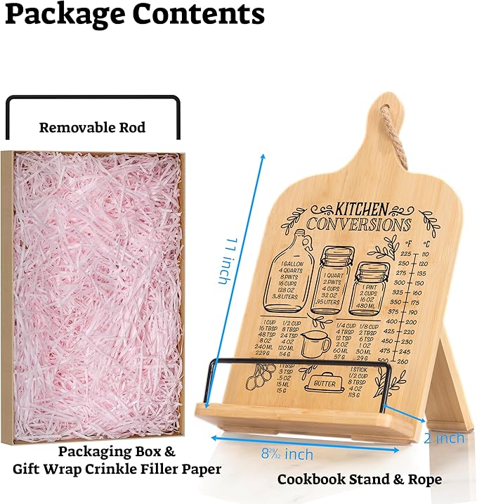 Kitchen Conversion Chart Cookbook Stand, Recipe Holder for Kitchen Counter, Cookbook Holder Stand, Kitchen Book Holder, Unique Gifts for Women, Natural Wood Color