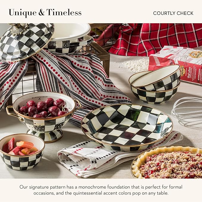 MACKENZIE-CHILDS Enamel Pinch Bowl, Small Bowl for Kitchen Ingredients, 1.5-Cup Capacity, Black-and-White Courtly Check