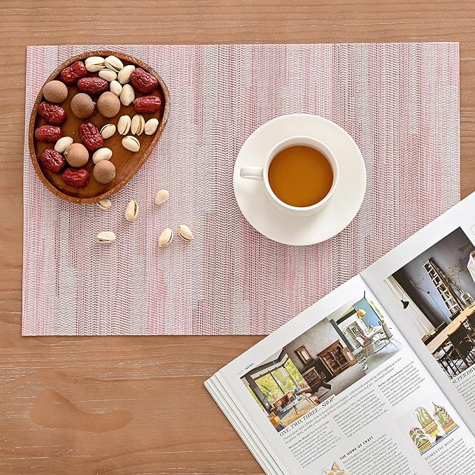 Leetaltree Misty Rose Placemats Set of 4 - Heat Resistant Non-Slip Place mats for Dining Table, Washable Durable PVC Vinyl Woven Table Mats（Misty Rose, 4）