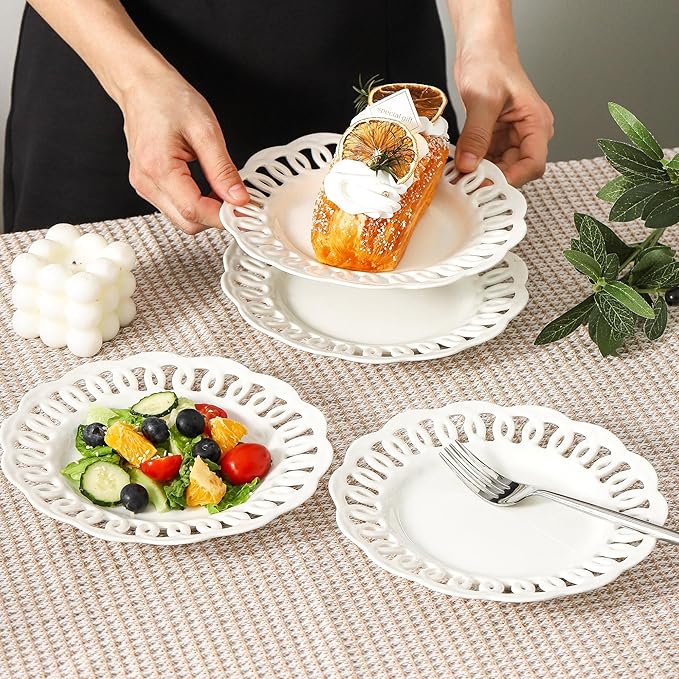 fMBB Round Appetizer Plate with Scalloped Edge Lace Rim, Set of 4, White 8 inch Ceramic Dessert Plates, Small for Cake Snack Side Dish, Microwave and Dishwasher Safe