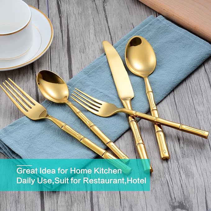 Flatware Set Stainless Steel Gold Silverware Set Cutlery Set Bamboo Pattern Mirror Finished 30 Pieces Home Event Use Wedding Housewarming Gift Service for 6