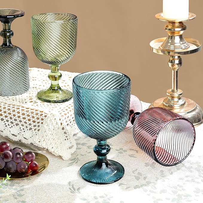 Joeyan Vintage Wine Glasses,Ribbed Embossed Water Goblet Drinking Glasses,Stemmed Colored Wine Glassware for Christmas Party Wedding Table Decor,12 oz,Set of 4, Dishwasher Safe