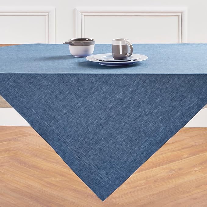 Solino Home Linen Cloth Tablecloth 52 x 52 Inch - 100% Pure Linen Blue Denim Square Tablecloth - Athena, Machine Washable Table Throw for Summer