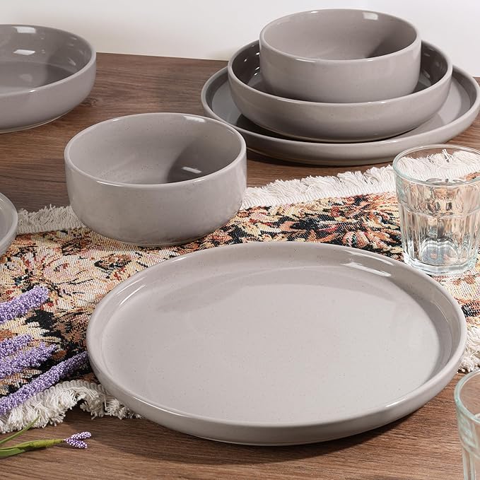 HaWare 16-Piece Plates and Bowls Set for 4, Stoneware Dinnerware Sets with Pasta Bowl, Dishes Set for Home Restaurant, Speckled Cream Coffee