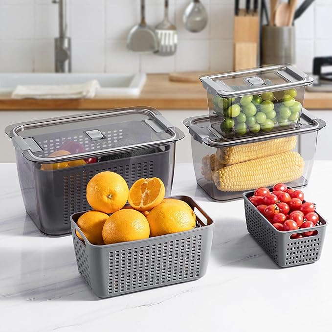Fresh Fruit Vegetable Storage Containers, 3 Pack Produce Saver Container for Fridge with Lids &Removable Colander BPA-Free Refrigerator organizer for Fruit, Veggie Berry, Meat Keep Fresh Longer- Grey