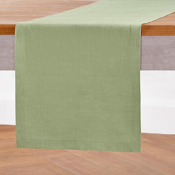 Solino Home Linen Small Table Runner 60 Inches - Athena, 100% Pure Linen Chambray Olive Table Runner 14 x 60 Inch Ideal for Dresser and Coffee Tables - Summer, Fall, Autumn, Halloween