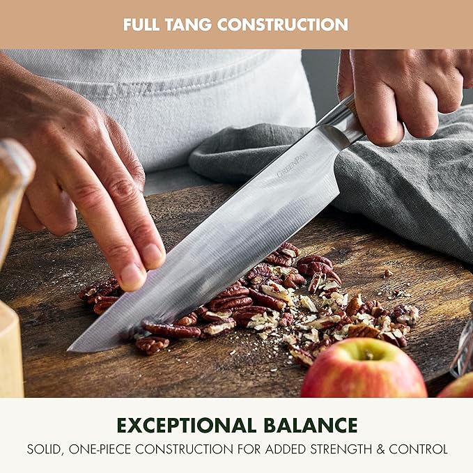 GreenPan Elite 13 Piece Wooden Knife Block Set, Professional Stainless Steel Blades with Titanium Coating, Ultra-Sharp Kitchen Cutlery, Chef, Santoku, Bread & Steak Knives, Ergonomic Wood Handles