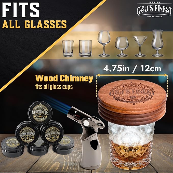 Whiskey Smoker Kit | Cocktail Smoker Kit| Bourbon Smoker Kit| Old Fashioned Smoker Kit with Quad Flame Torch, 6 Wood Chips & Wooden Box for Smoking Drinks| Whiskey Gift for Men (No Butane Incl.)
