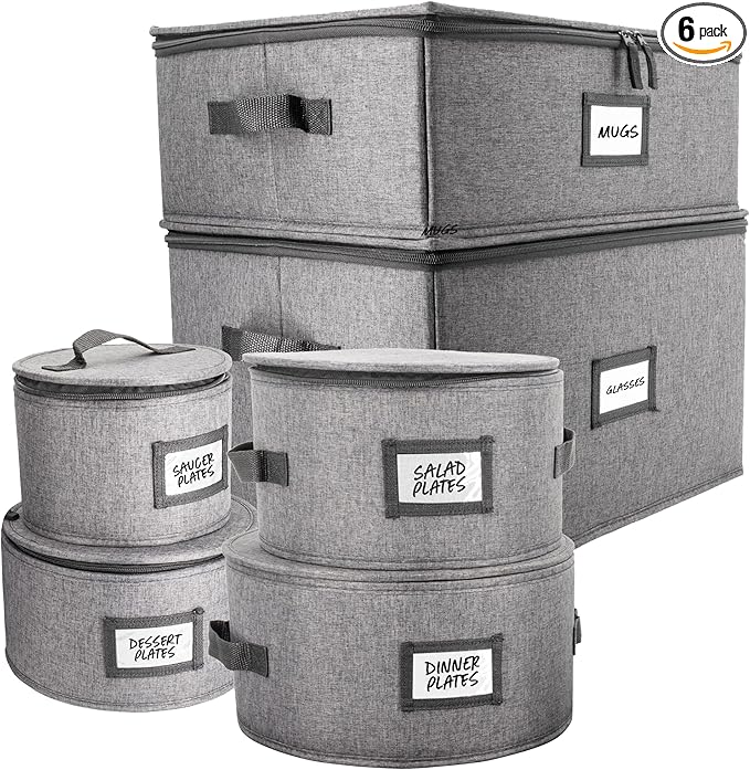 HOMELUX THEORY 6pcs Hard Shell China Storage Containers, Mug Storage Box, Wine Glass Storage & Plate Storage Containers with Lid, Heavy Duty Dinnerware Storage for Packing Dinner Plates and Glassware