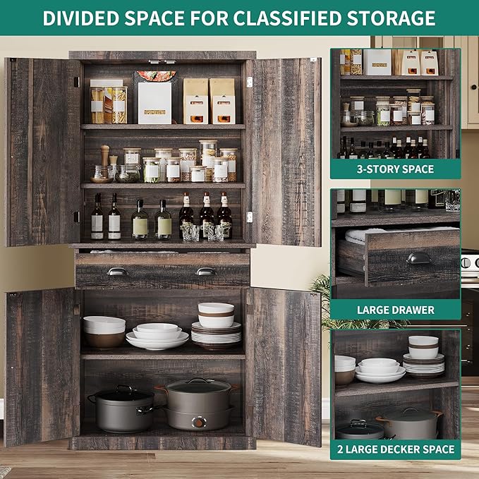YITAHOME 72'' Tall Kitchen Pantry Cabinets, Farmhouse Storage Cabinets with Barn Doors, Drawer ＆ Adjustable Shelves, Rustic Wood Cupboard for Dining Room, Living Room, Gray Rustic