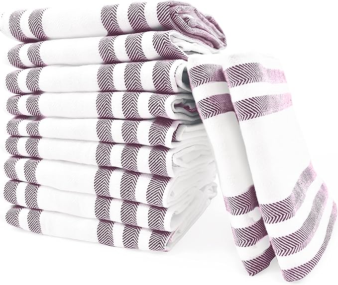 Realm 15" x 25" 100% Cotton Classic Kitchen Dish Towel (12 Pack) | Cuisine Stripe Eggplant Purple | Super Absorbent Machine Washable Tea Towels with Hanging Loop