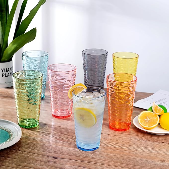 20-ounce Plastic Tumblers, Acrylic Drinking Glasses High-Balls, set of 6 Blue Reusable Plastic Cups, Stackable, BPA-Free, Shatter-Proof, Dishwasher-Safe