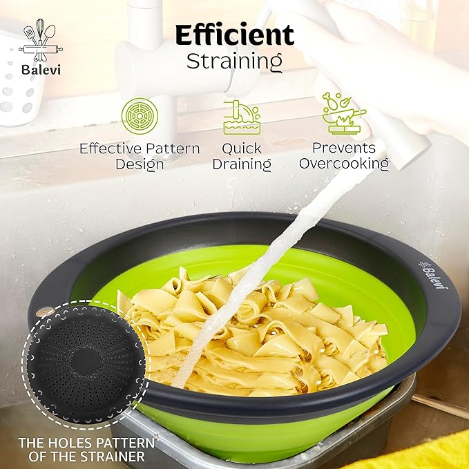 "Balevi Collapsible Strainers for Kitchen - Collapsible Colander Set of 2 Made of Silicone - Collapsible Strainer with Little Pegs to Keep Food Elevated - Green"