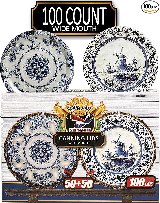 Supa Ant Wide Mouth Canning Lids (100pcs) Decorative Tin Canning Lids Wide Mouth (Vintage Plates) Buckle Proof and Rust Proof - Perfect Fit Can Lid for Mason Jars Canning Supplies