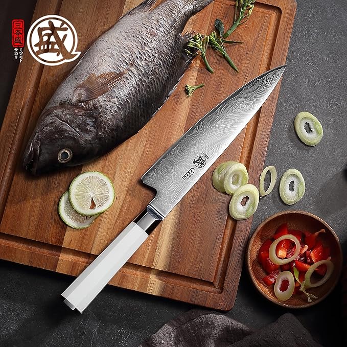MITSUMOTO SAKARI Japanese Damascus Chef Knife, 8 Inch Kitchen Knife - Razor Sharp VG-Pro Steel Core, Precision Cutting for Meat & Veggies, Comfort Grip Ergonomic G10 Handle