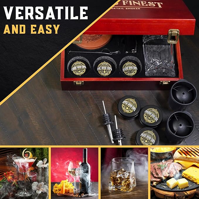 Whiskey Smoker Kit | Cocktail Smoker Kit with Torch, Scorch Shield, Lid, 6 Wood Chips & Gift Box for Smoked Old Fashioned| Bourbon Smoker