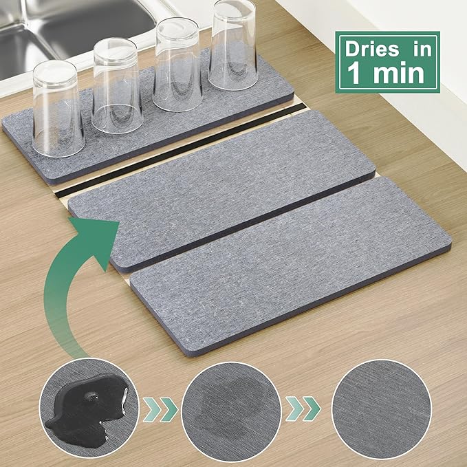 YIGII Dish Drying Rack with 3 X Diatomite Dish Mat- Expandable Dish Drainer for Kitchen in Sink/Countertop Dry Rack, Fast Drying Stone Mat, Dish Rack with Utensil Holder, 5.4”W x 12.1”-18.9”L
