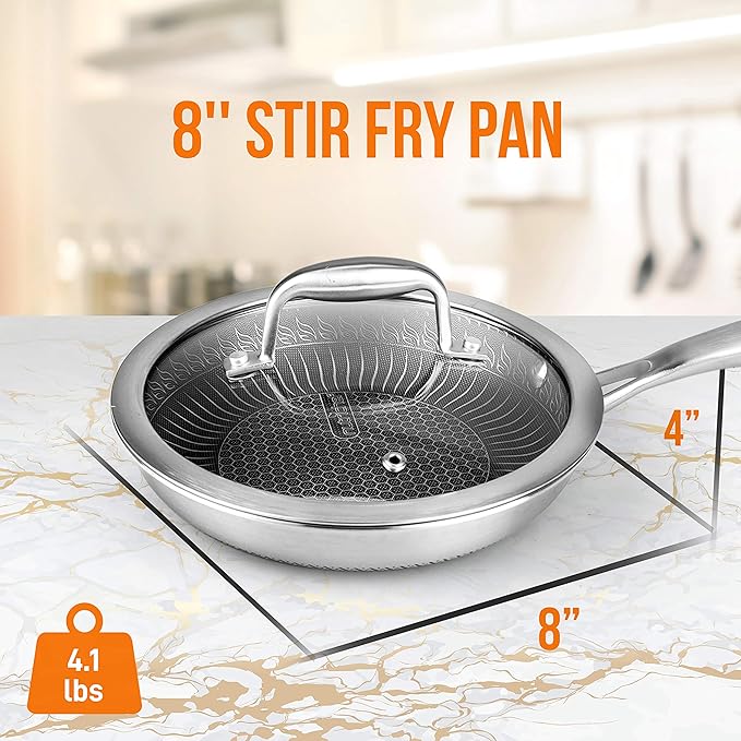 NutriChef 8" Stainless Steel Frying Pan - Triply Kitchenware Stir Fry Pan Kitchen Cookware w/DAKIN Etching Non-Stick Coating, Scratch-resistant Raised-up Honeycomb Fire Textured Pattern - NC3PL8