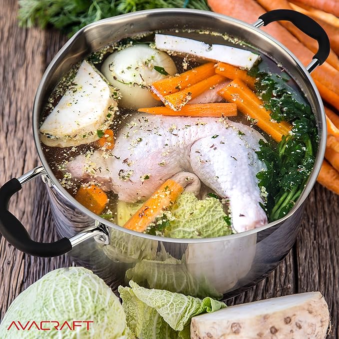 AVACRAFT Stainless Steel Stockpot with Glass Strainer Lid, 6 Quart Stock Pot, Saucepan cookware, Side Spouts, Multipurpose, Sauce, Soup, Induction Pan, (5-Ply Capsule Bottom, 6QT)
