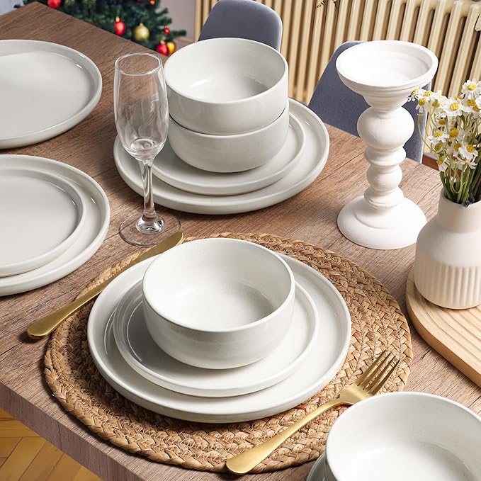 HaWare Stoneware Dinnerware Sets, 18-Piece Plates and Bowls Set for 6, Dishes Set for Home Restaurant, Speckled Milky White