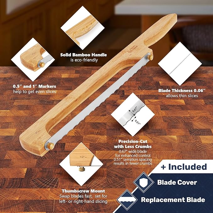 Albert&Grace Bread Bow Pro Knife – Serrated High-Carbon Blade with Sheath & Extra Blade, Thumbscrew Mount for Easy Swap, Right- or Left-Hand Use, Ideal for Sourdough & Bagels