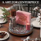 Oak Bohemia Lazy Susan 10.2" Turntable Organizer for Table Top with Ceramic 3D Boho Texture, Round Wooden Lazy Susan for Dining Table Decor, Kitchen, Countertop, Home Decor, Walnut Wood, Farmhouse