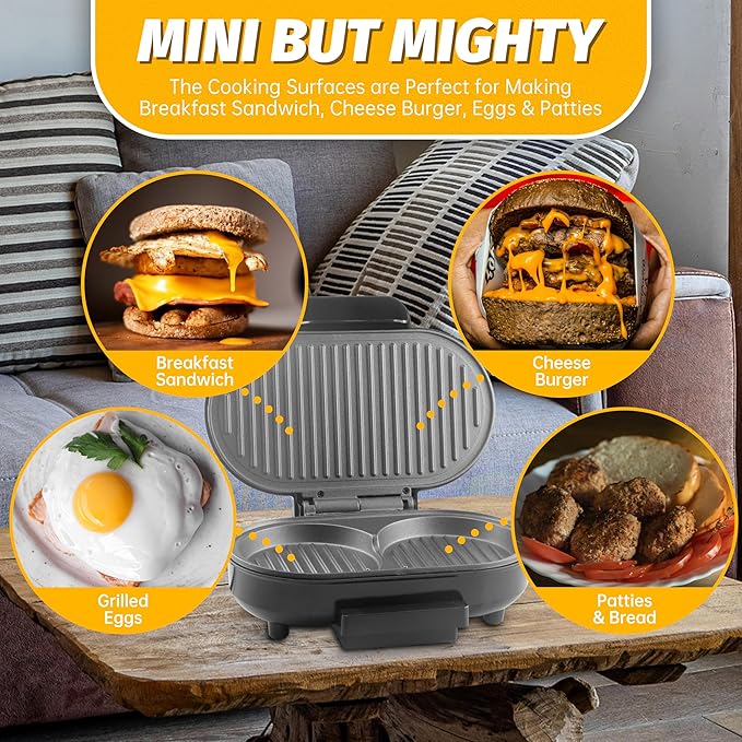 Double Mini Grill Maker, Breakfast Sandwich Maker, Burger Press Patty Maker, Panini Press Grill, Small Electric Grill, Ideal for Making Breakfast, Lunch and Snacks