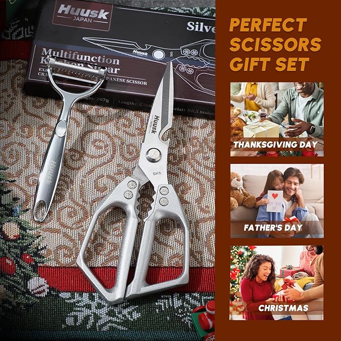 HUUSK Kitchen Scissors and Vegetable Peeler Set - Silver Stainless Steel Cooking Kitchen Shears for Food with Serrated Peeler, Heavy Duty Japanese Style Dishwasher Safe Meat Scissors for all Purpose