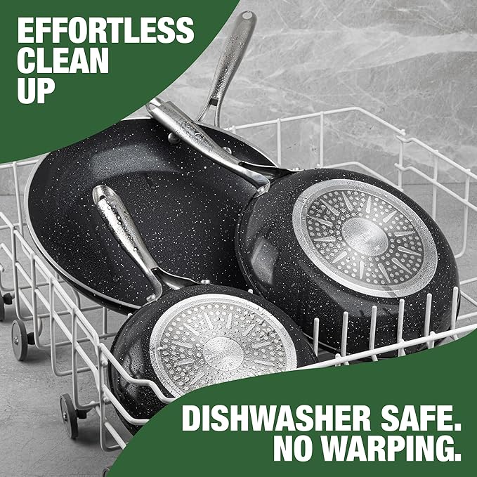 Granitestone 3pc Non Stick Frying Pans Set, 8,10,12 inch Ceramic Frying Pan Skillet Set, Non Toxic Frying pans Nonstick for Cooking, Induction Ready, PFAS & PFOA Free, Oven & Dishwasher Safe - Black