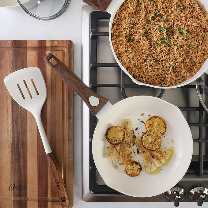 Oster SmartHandle Advance 18-Piece Ceramic Nonstick Cookware Set – Matte Linen Finish, Induction, Detachable Handles, Oven & Dishwasher Safe Pots Pans, w/Utensils & Pan Protectors