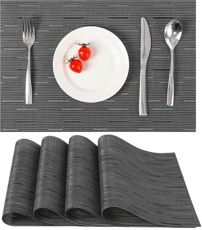 Myir JUN Placemats Set of 4, Vinyl Woven Placemats Place Mats Indoor Set of 4 Washable Table Mats Non-Slip Place mats for Dining Table (Black-Gray, Set of 4)