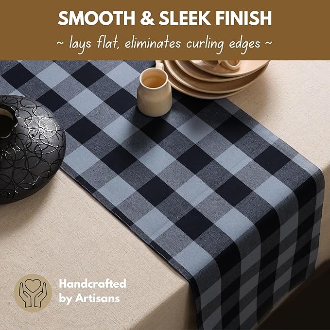 Native Fab Table Runner Buffalo Check Plaid 100% Cotton - 13x72 Inches Kitchen Dining Table Decoration for Indoor Outdoor Farmhouse Home Party Decor - Black, Grey