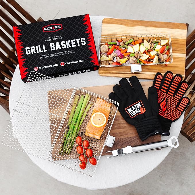 BLAZIN' GRILL Baskets for Outdoor Grill | 2 Grilling Baskets with Detachable Handle | Grill Baskets for Outdoor Grill with BBQ Gloves | Barbecue Grill Set for Vegetables, Seafood & Meat | Fish Grill Basket