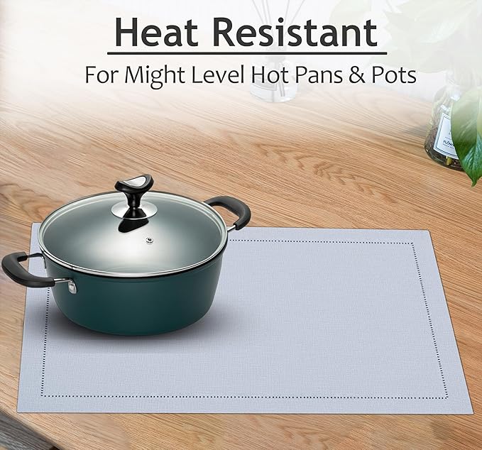 Ruvanti Linen Placemats Set of 6-13x19 Inch, Classic Hemstitch, Heat ‎Resistant Machine Washable Place Mats, Soft & Elegant- Perfect for Christmas, ‎Thanksgiving, Easter, Wedding, Dinner - Arctic Ice