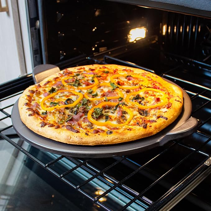 Old Stone Pizza Kitchen Glazed Round Pizza Stone with Handles for Oven and Grill, 15 inch