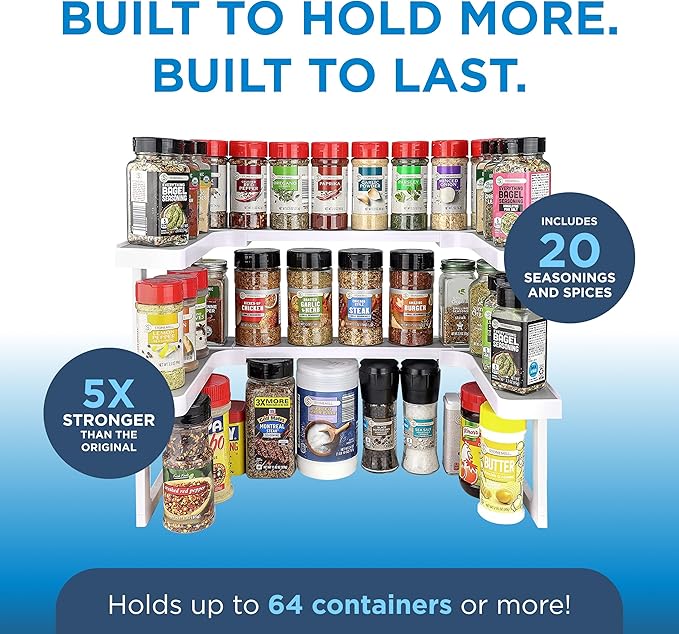 Spicy Shelf with 20 Jars of Spices inclded - Expandable Spice Rack and Stackable Cabinet & Pantry Organizer - Cabinet Spice Racks for inside Cabinets