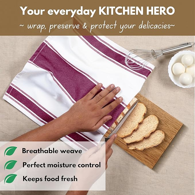 Native Fab Kitchen Towels 18 x 28 Inch, Set of 6, Wide Stripe, Super Absorbent, Quick Dry, Soft, 100% Cotton Dish Towels for Wiping Hands, Drying Dishes, Cleaning Dishcloths Set - Burgundy (Maroon)