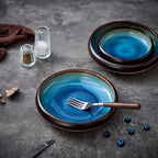 Ceramic Dinner Plates Set of 4, 8 Inch Large Porcelain Pasta and Salad Plates, Stoneware Plate Set for 4, Handmade Round Dishes for Home Decor, Microwave,Oven,and Dishwasher Safe, Blue