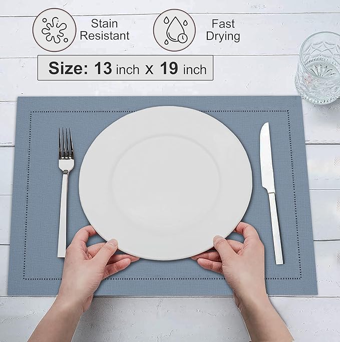 Ruvanti Linen Placemats Set of 6-13x19 Inch, Classic Hemstitch, Heat ‎Resistant Machine Washable Place Mats, Soft & Elegant- Perfect for Christmas, ‎Thanksgiving, Easter, Weddings, Dinner - Grey
