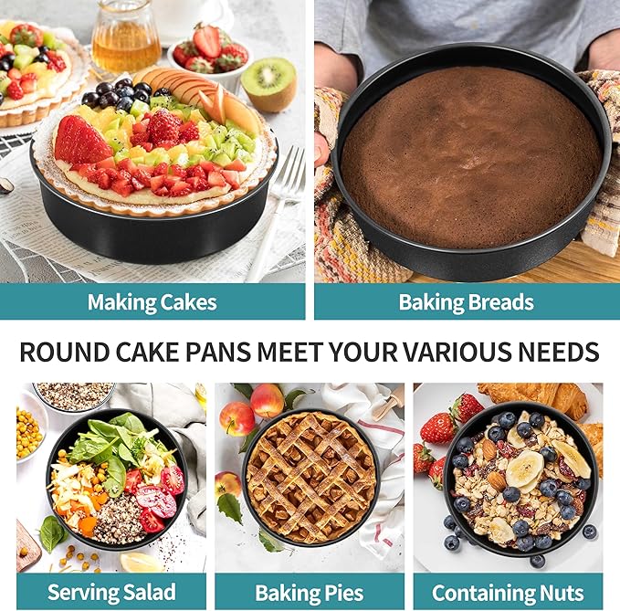 P&P CHEF Non-stick Cake Pan Set of 4, 4/6/8/9.5 Inch Round Baking Cake Pans Tins for Tier Smash Cakes, Non-Toxic & Solid, Stainless Steel Core & Leak-Proof, 4Pcs