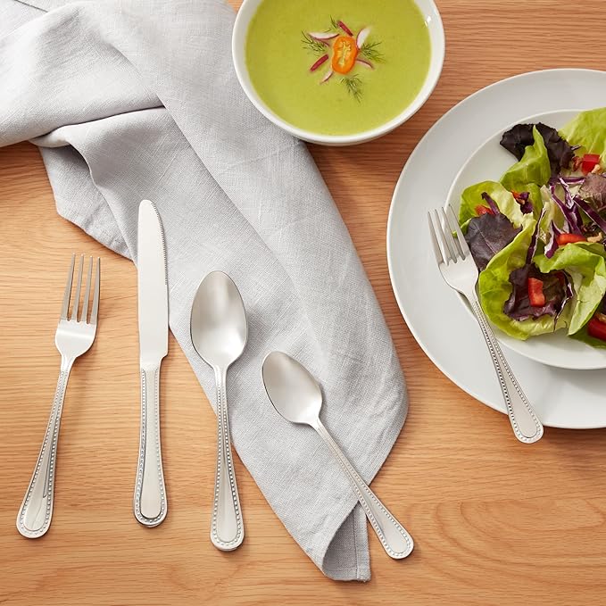 Amazon Basics Silverware Set, Stainless Steel Flatware, Dishwasher Safe, Service for 4, 20-Piece Forks and Spoons, Pearled Edge