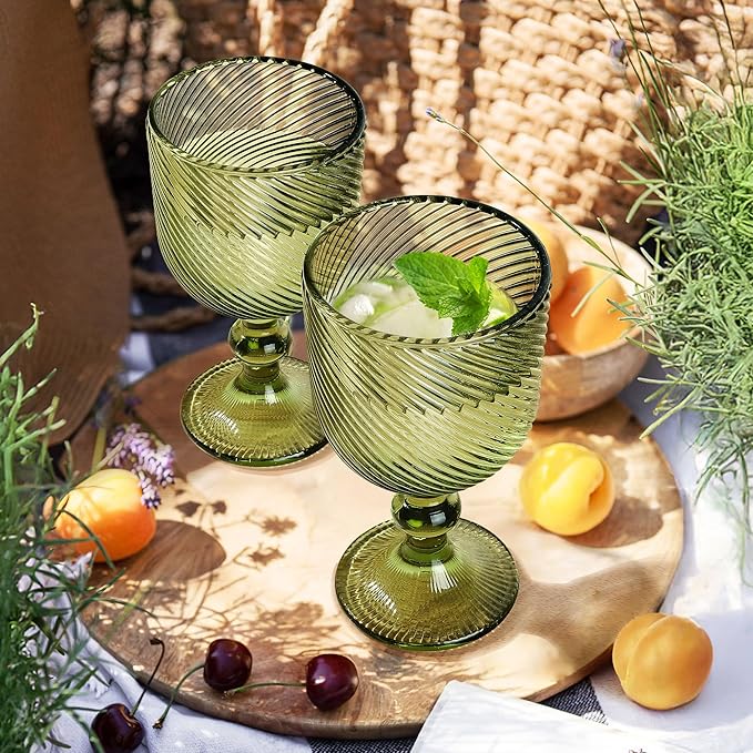 Joeyan Vintage Wine Glasses,Ribbed Embossed Water Goblet Drinking Glasses,Stemmed Colored Wine Glassware for Christmas Party Wedding Table Decor,12 oz,Set of 4, Dishwasher Safe