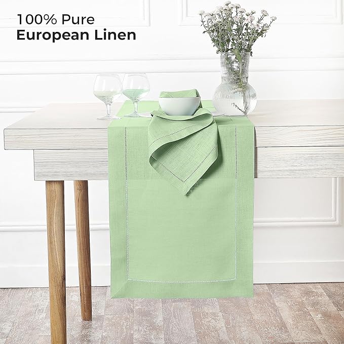 D'Moksha Homes Linen Sage Green Table Runner 120 Inches Long - 100% Pure Linen Hemstitch 14 x 120 Inch Table Runner for Dining, Summer, Fall and Halloween - Classic Hemstitch