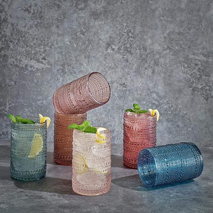Khen Beaded Highball Drinking Tumbler Set | Set of 6 | Fall & Holiday Decor Vintage Hobnail 12 OZ Muted Bubble Design Whiskey Glassware, Old-Fashioned, Embossed Design Glass for Water Wine, Cocktail