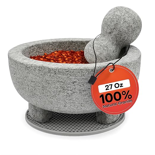Granite Mortar and Pestle Set with Silicone Base – Large Guacamole Bowl and Masher, Herb Grinder, Spice Grinder, Garlic Smasher, Avocado Masher Tool, Stone Mill Grinder for Kitchen Spices