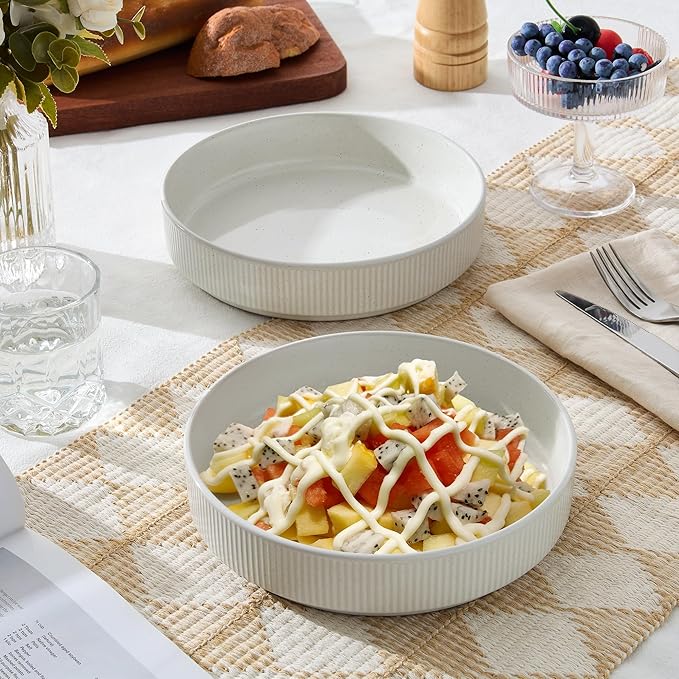 E-far Pasta Bowls Set of 6, 35oz Large Salad Bowl Plate for Dinner Serving Soup, Wide & Shallow Ceramic Stoneware Pasta Plates, Microwave & Dishwasher Safe, Textured Stripes & Speckled White, 8”